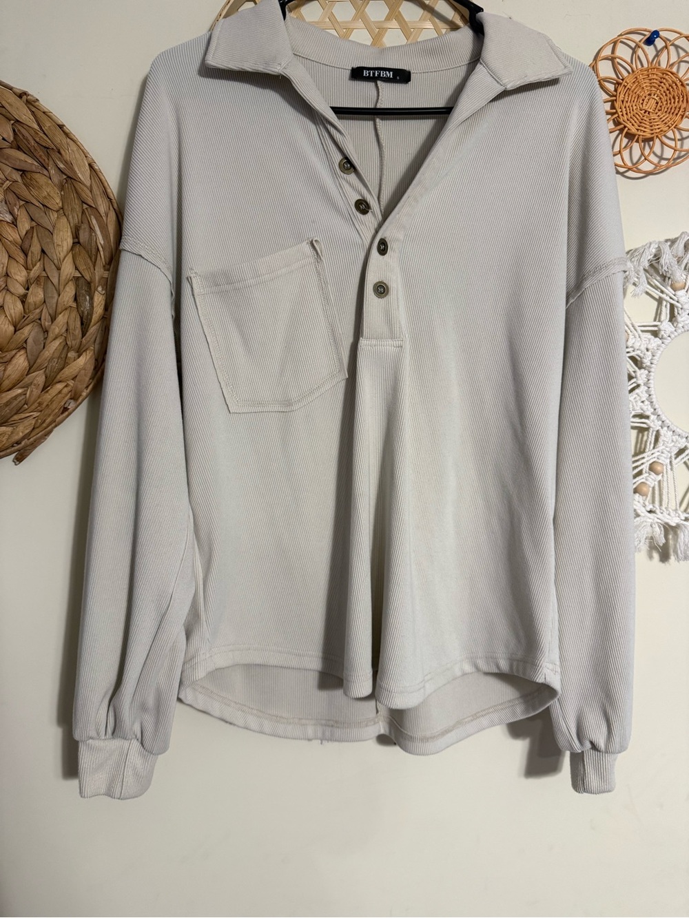BTFBM Lightweight Button Pullover Long Sleeve Top - cream